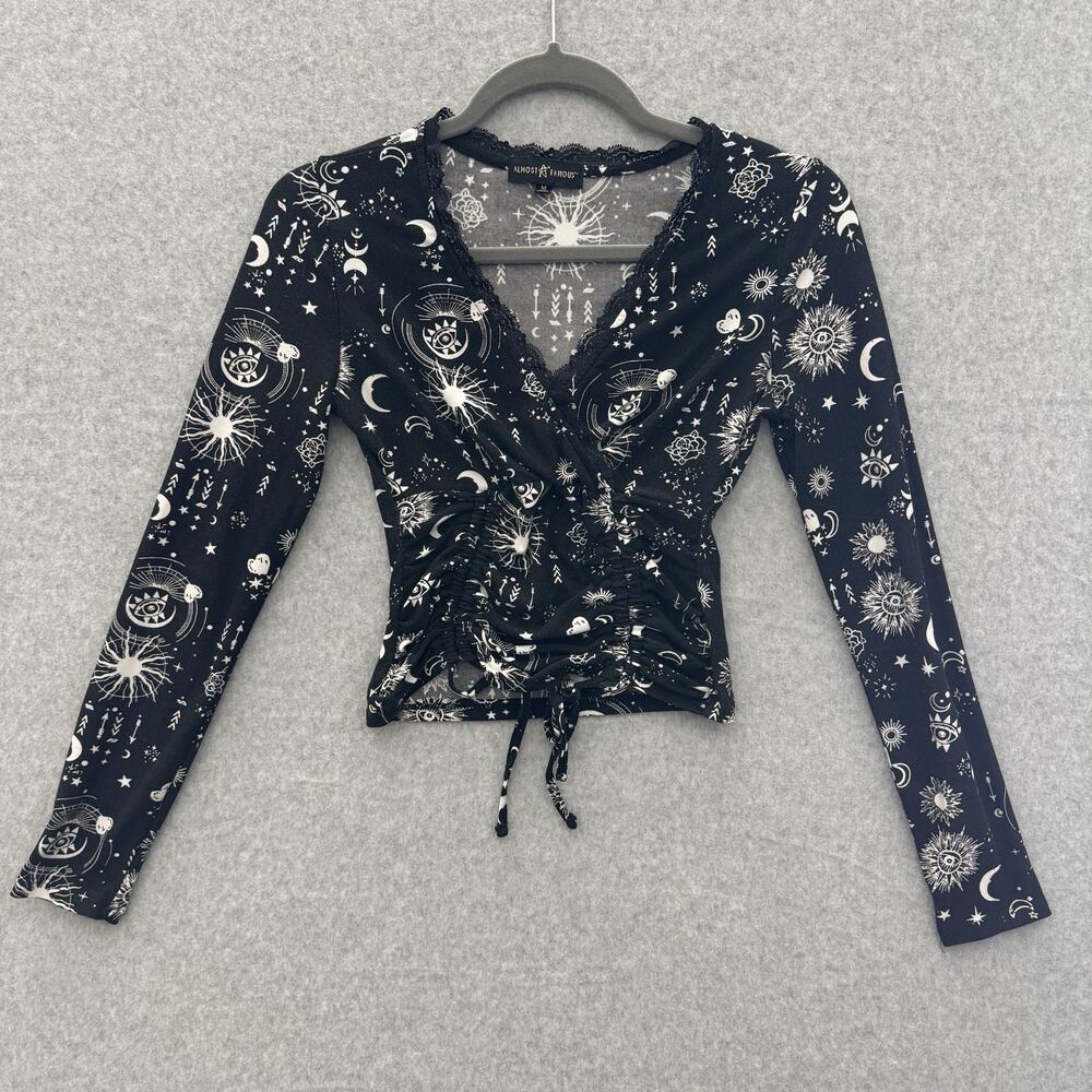 Almost Famous Celestial Cinched Lace Trim Top Sz M Black Grunge Moon Stars Indie